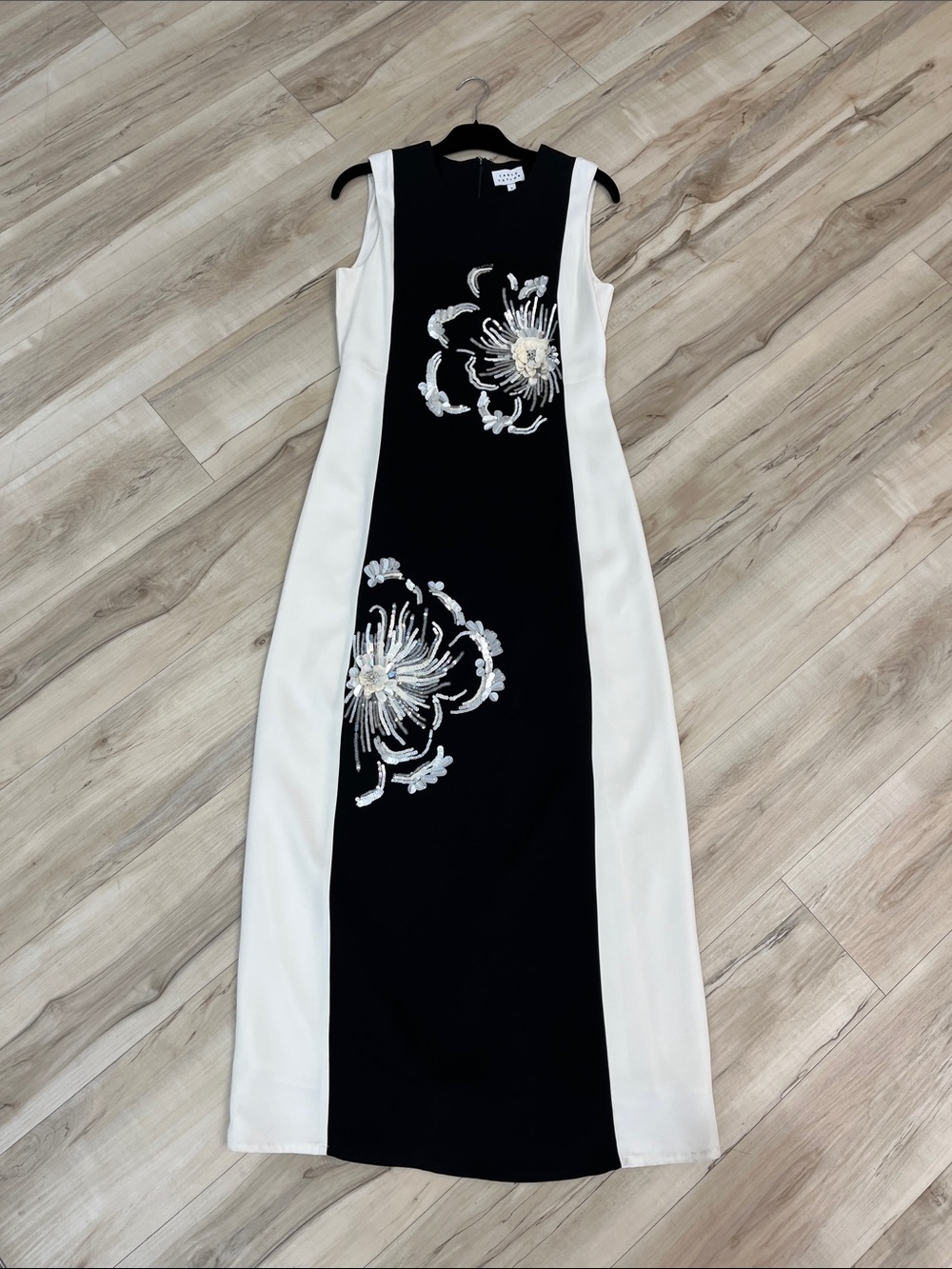 Tanya Taylor Black & White Sleeveless Embroidered Panel Maxi Dress